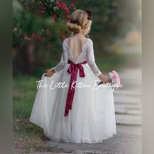 White Lace Long Sleeve Tulle Flower Girl Dress with Maroon Bow